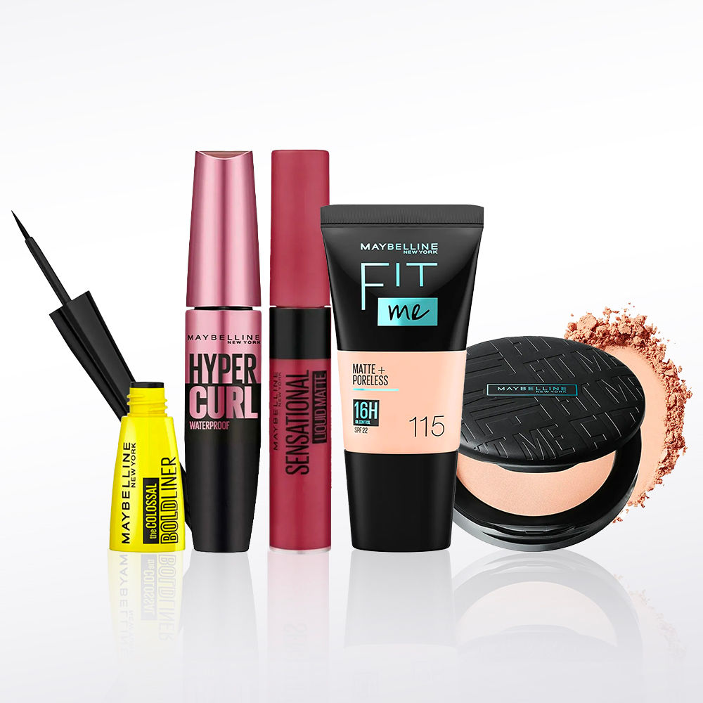 Buy Maybelline NewYork Party Diva Essentials 2 | Fit Me Compact 115(6 g) | Fit Me Liquid Foundation 115(18 ml) | Hypercurl Mascara Black (9.2 g) | Colossal Eyeliner Black(3g) | Sensational Liquid Lipstick 24 Touch Of Spice (7 ml) - Purplle