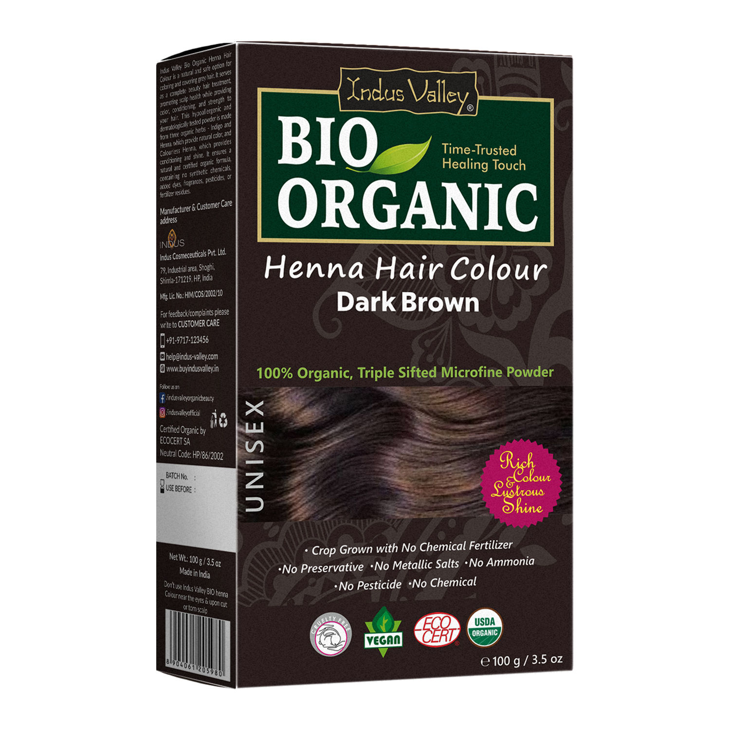 Buy Indus Valley Bio Organic Dark Brown Chemical Free Henna Hair Color (100 g) - Purplle