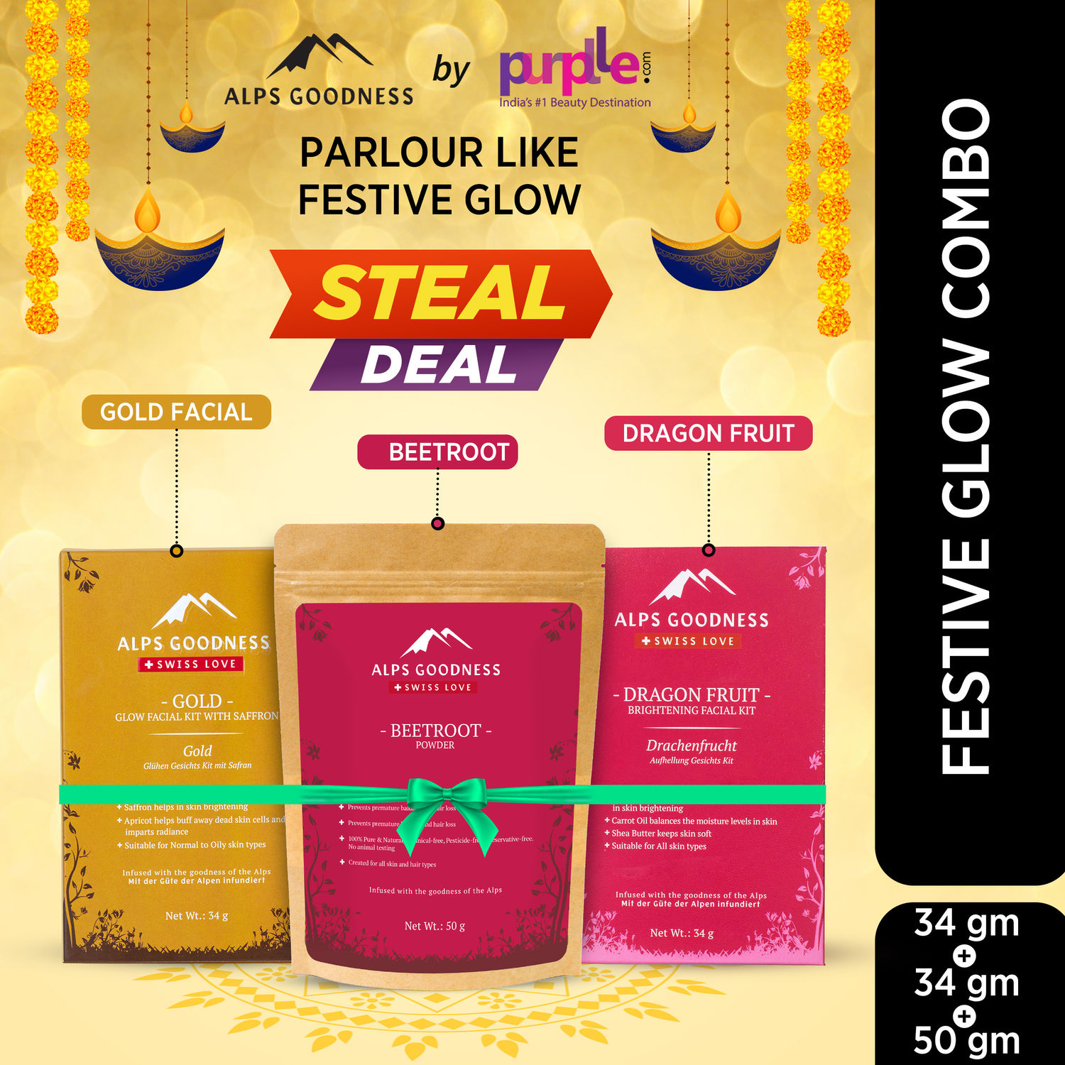Buy Alps Goodness Festive Pack Combo With Dragon Fruit, Gold Facial Kit & Beetroot Powder | Festive Combo | Facial Kit & beetroot powder | Best for glowing skin | Super savings pack | Best gift for women - Purplle