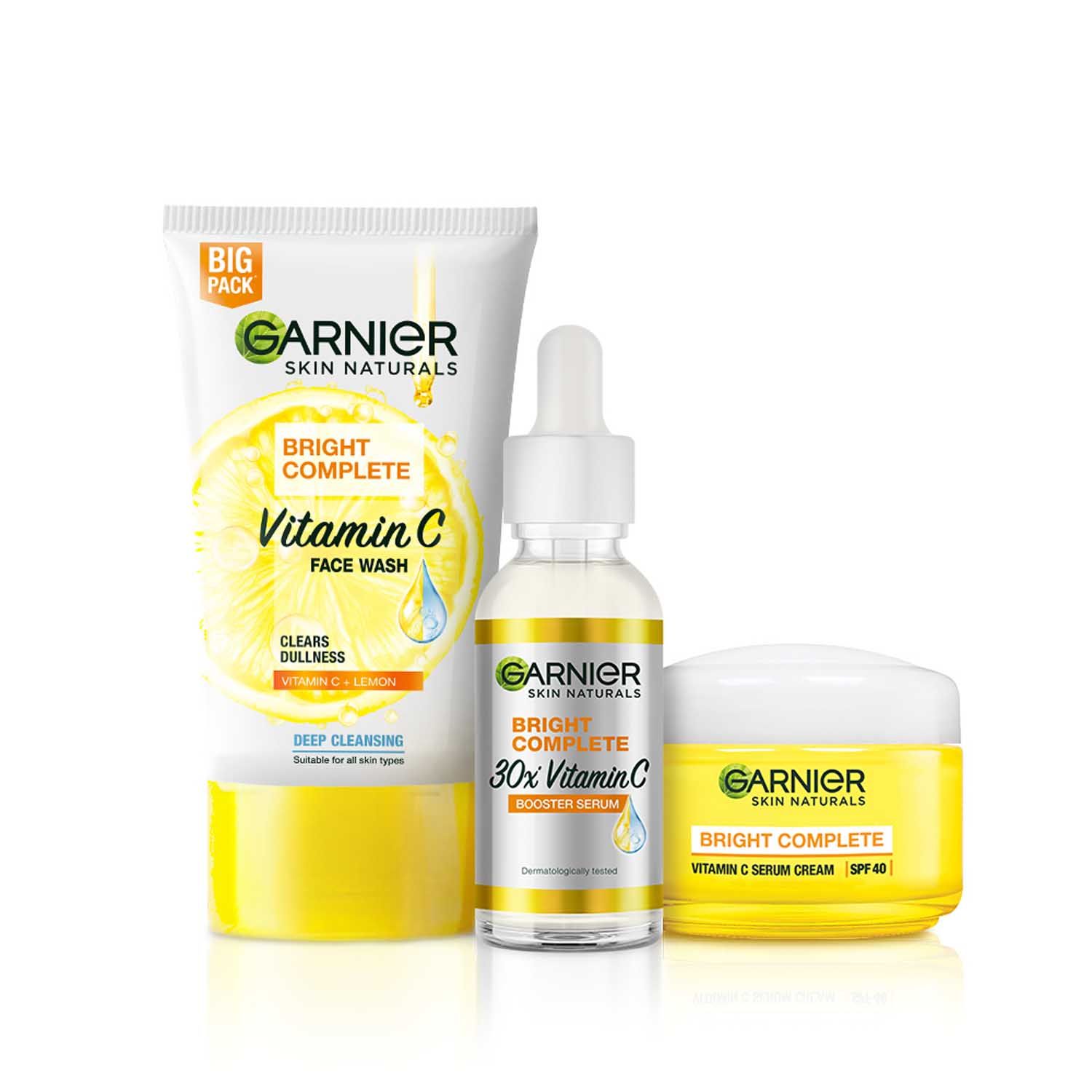 Buy Garnier Vitamin C Regime Pack (Bright Complete Brightening Facewash 150g, Bright Complete Vitamin C Serum 30ml, Bright Complete Serum Cream SPF 40 45g) - Purplle