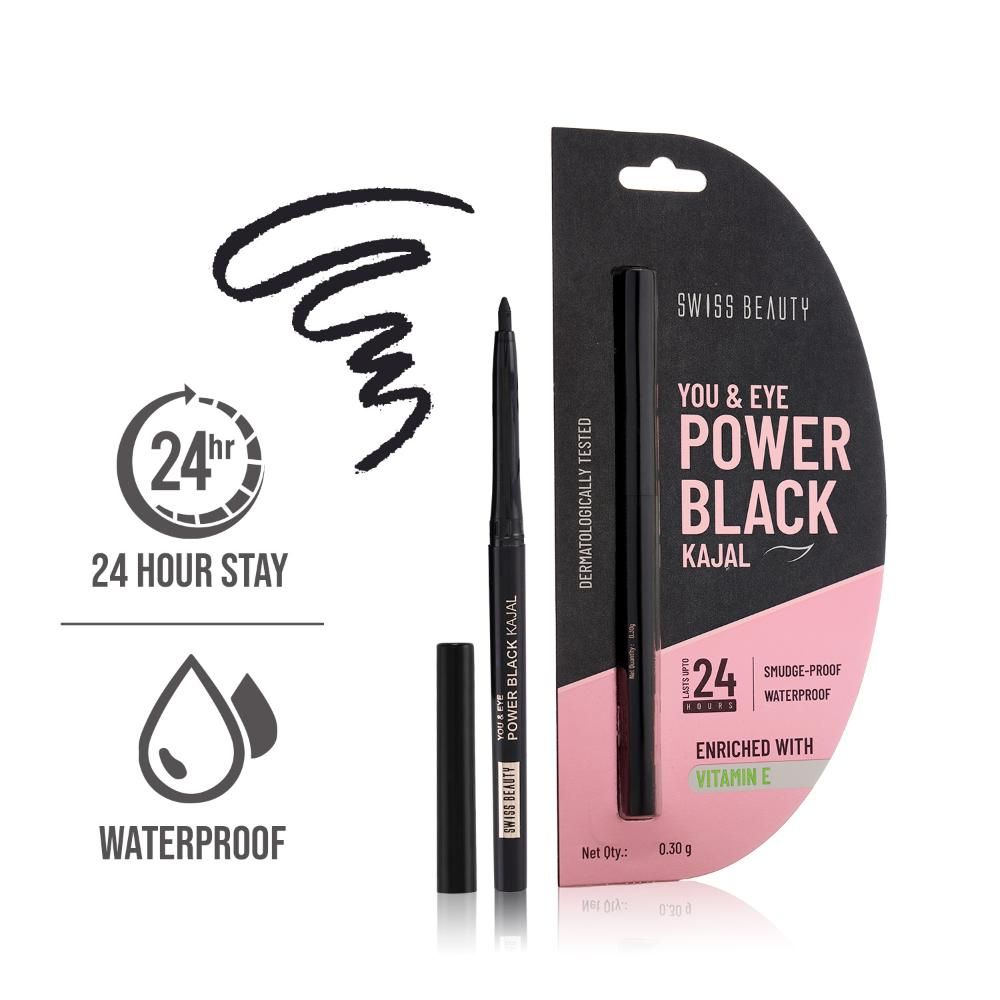 Buy Swiss Beauty You & Eye Power Black Kajal Waterproof & Smudge-Proof 24 Hour Stay Matte Finish 0.30 gm - Purplle