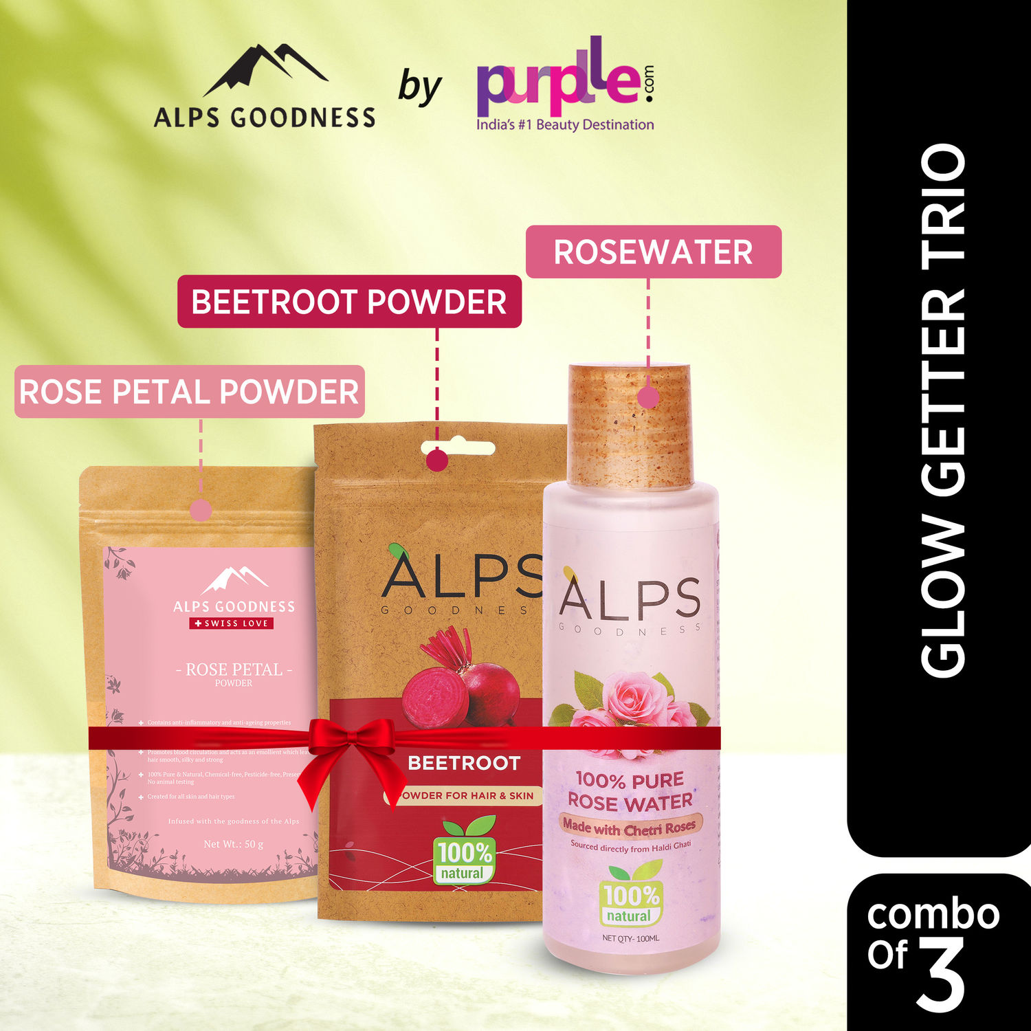 Buy Alps Goodness Glow Getter Trio | Beetroot powder + Rose Petal Powder + 100% Natural Rose water I Glow Up Kit I Skin Brightening Set I Pack of 3 - Purplle