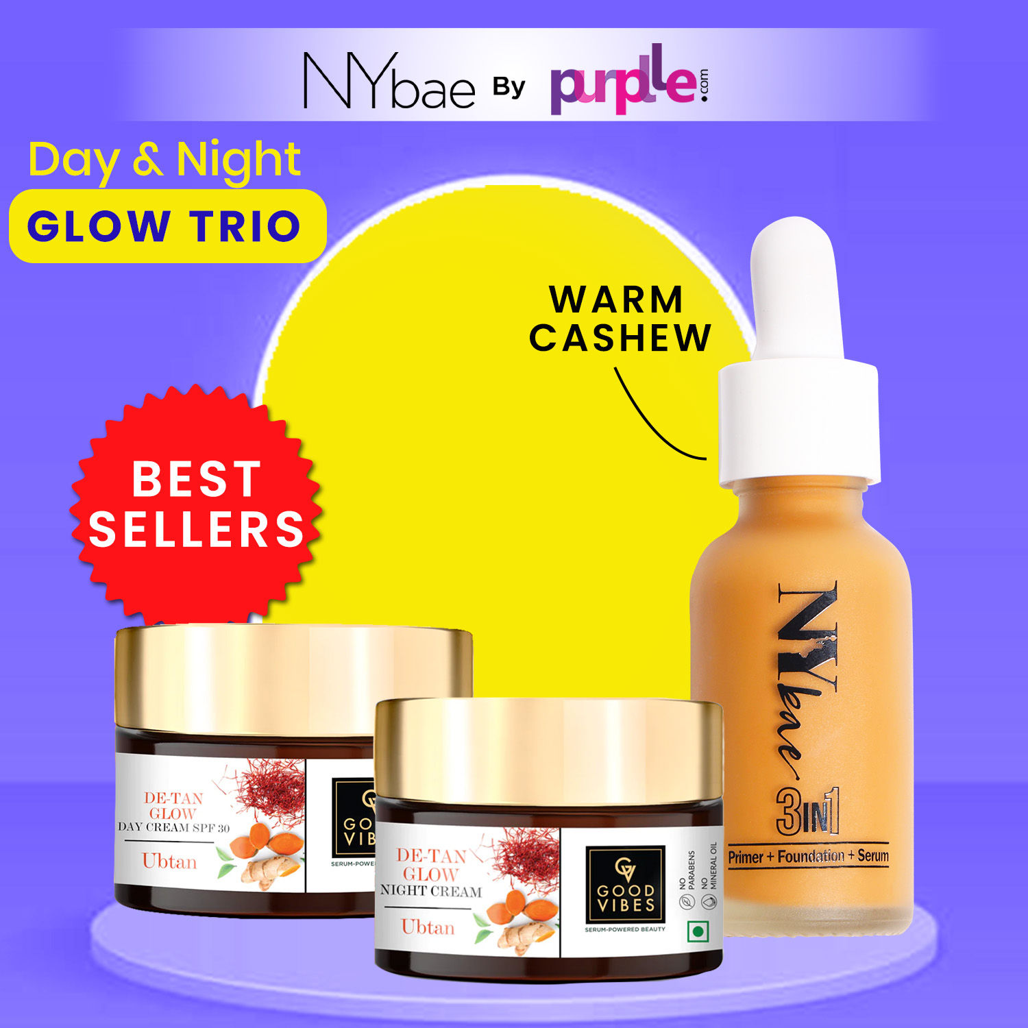 Buy Good Vibes x NY Bae Day & Night Glow Trio | Good Vibes De-Tan Glow Night Cream Ubtan(50g) | Ubtan De-tan Glow Light Day Cream(50g) | NY Bae 3 in 1 Serum Foundation(30ml) | Korean Glow - Purplle