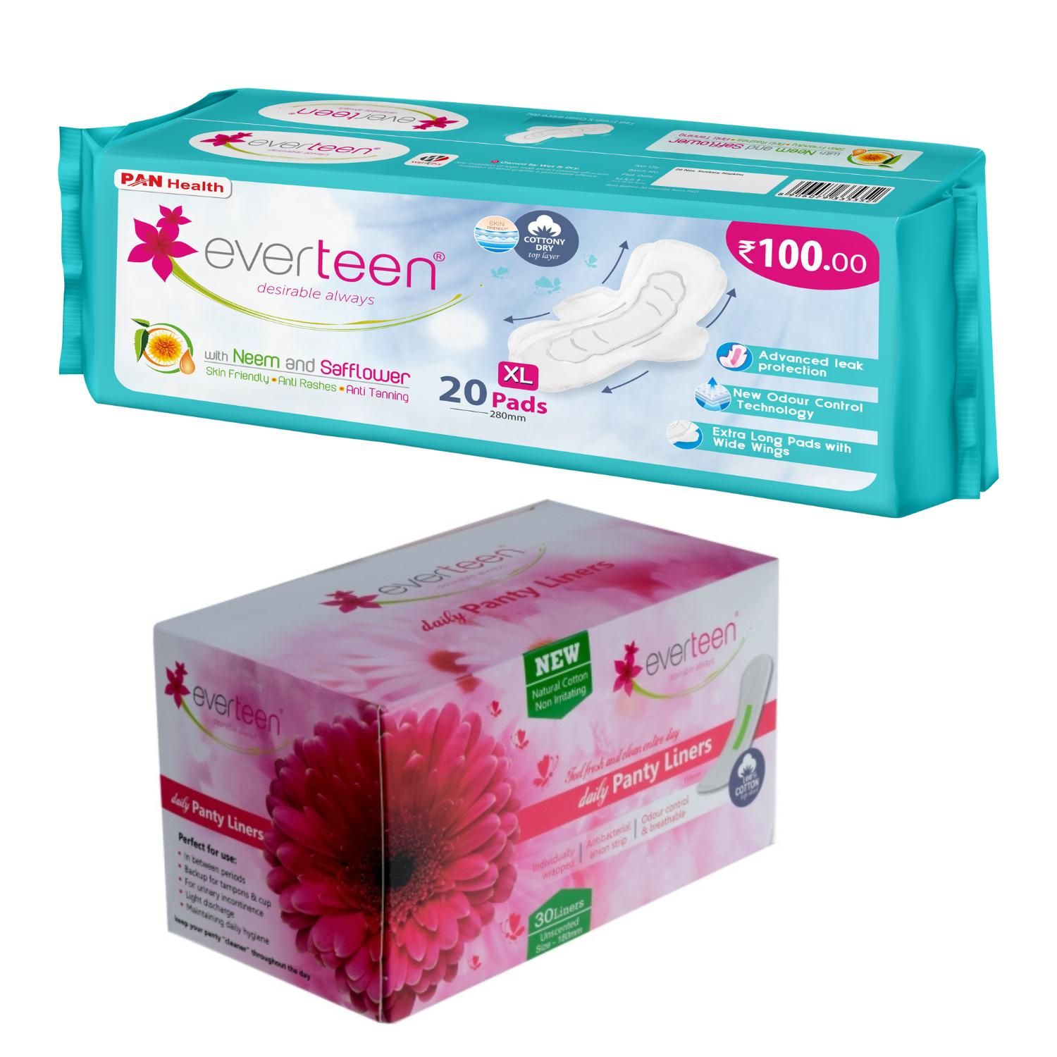 Buy everteen combo: Daily Panty Liners and XL Dry Sanitary Pads ( 20 pads + 30 Liners) - Purplle