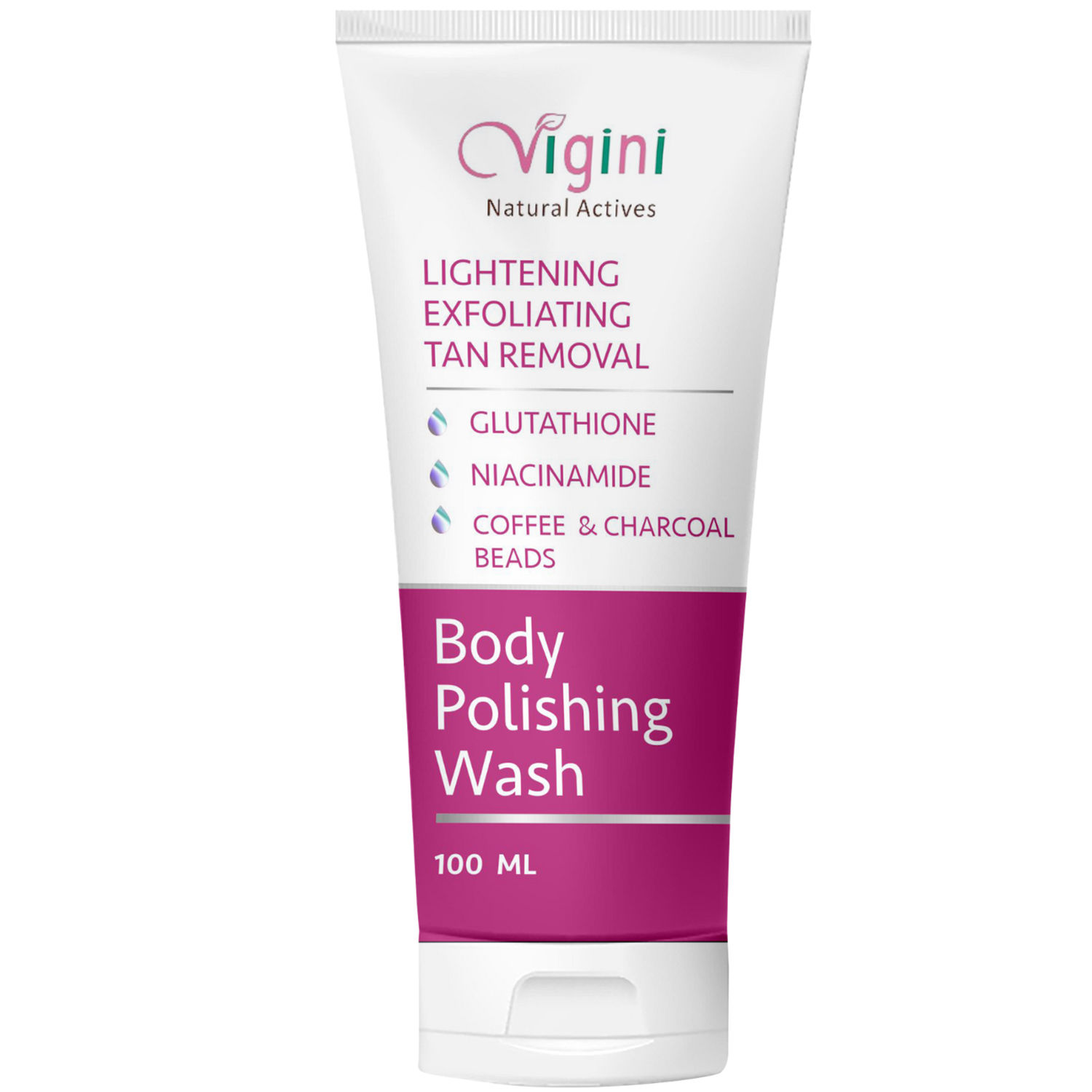 Buy Vigini Body Whitening Lightening Brightening Polishing Scrub Shower Gel Wash Men Women Glowing Skin Tightening Moisturizing De Tan Remover Exfoliating Soap Free Glutathione, Coffee & Charcoal, Niacinamide 100 ml - Purplle