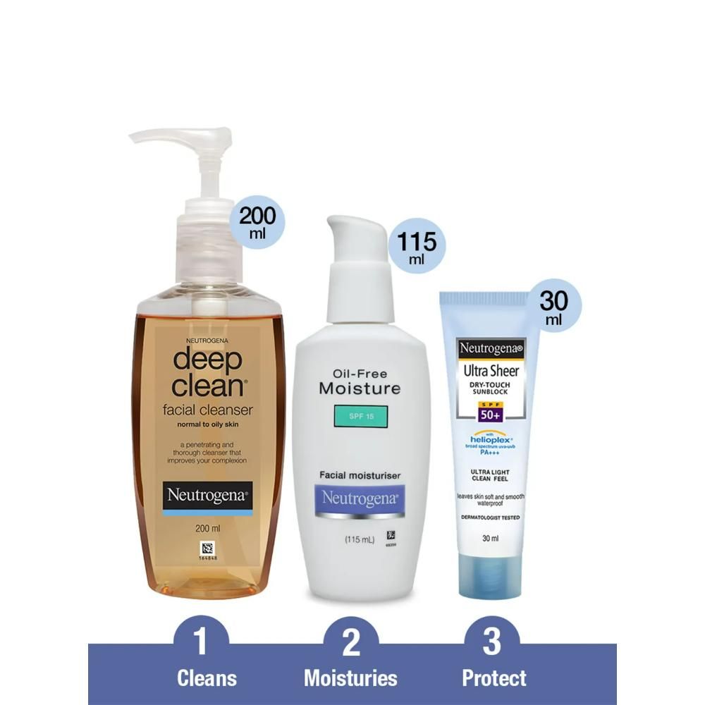 Buy Neutrogena Ultra Sheer Spf 50 Cream - 30 ml & Neutrogena Deep Clean Facial Cleanser - 200 ml & Neutrogena Oil-Free Moisturiser SPF 15 (115ml) - Purplle