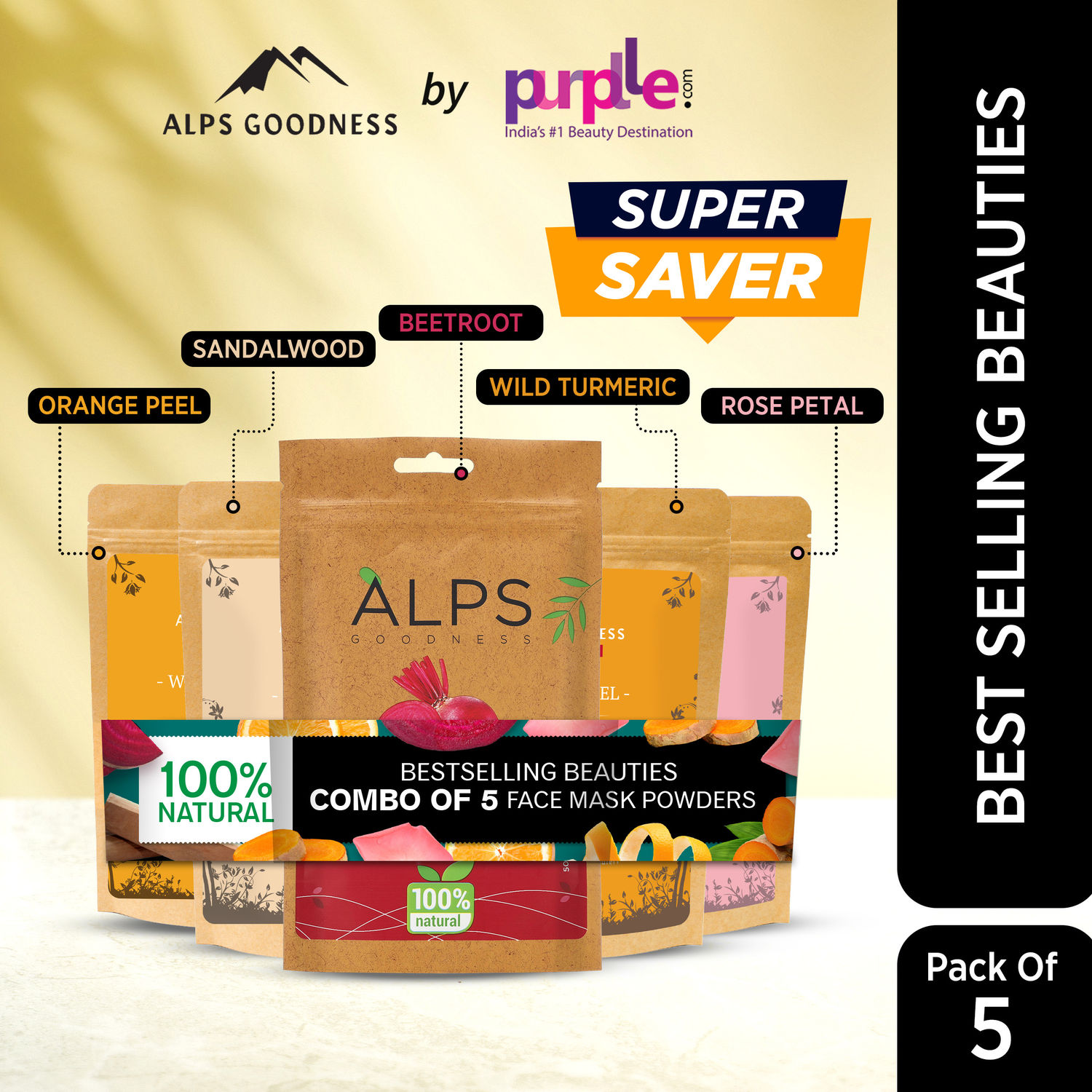 Buy Alps Goodness Bestselling Beauties (Pack of 5) | Beetroot, Sandalwood, Orange peel, Rose petals, & Wild turmeric powder | Beauty Combo for Radiant Skin (5 x 50g) - Purplle