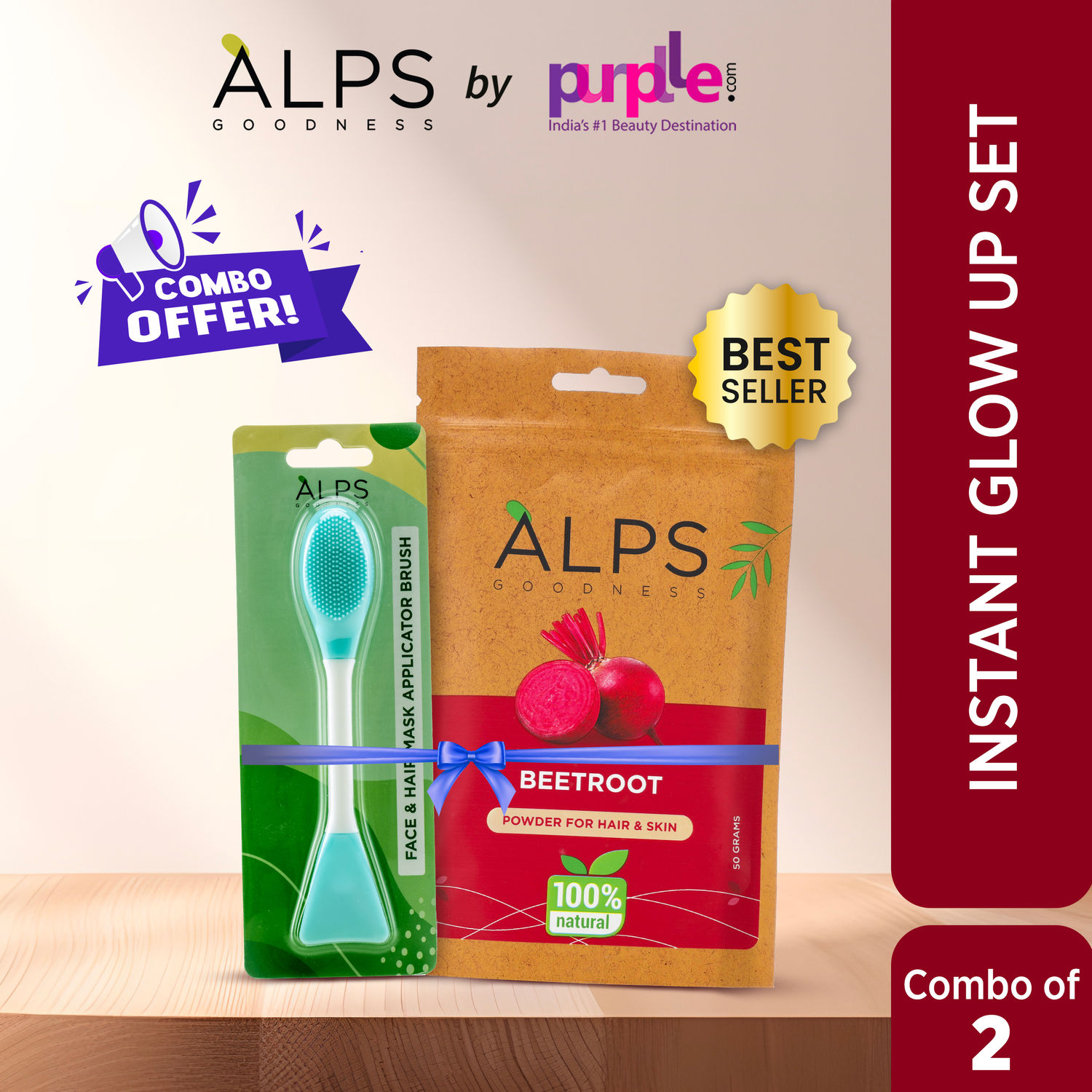 Buy Alps Goodness Instant Glow Up Set with 100% Natural Beetroot Powder and Face & Hair Mask Applicator Brush - Purplle