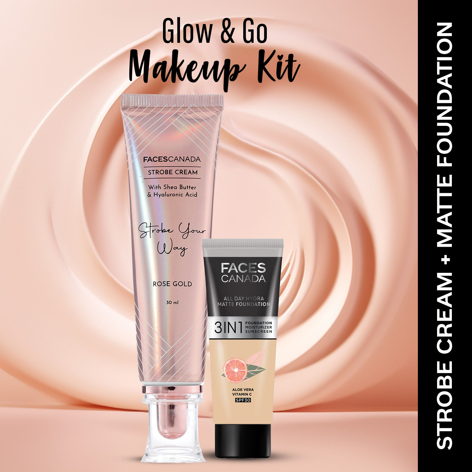 Buy FACES CANADA Rose Glow Kit 2 | Rose Gold Strobe Cream (30g) + Hydra Matte Foundation (Mini) - Absolute Ivory (15g) | Combo Kit of 2 - Purplle