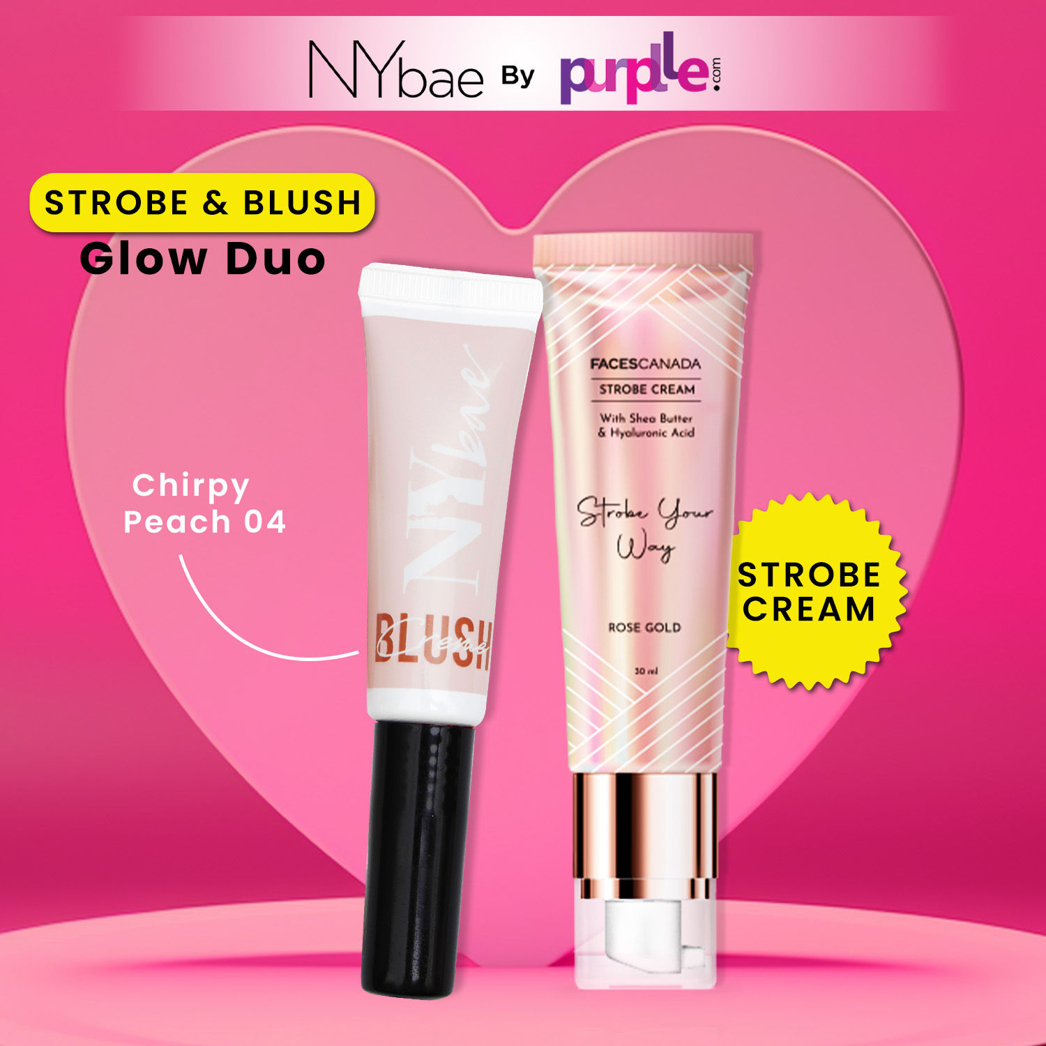 NY Bae X Faces Canada Strobe Blush Pack Rose Gold Strobe Cream Peach Blush Lip and Cheek Tint Glowing Korean Skin Hyaluronic Acid 40g