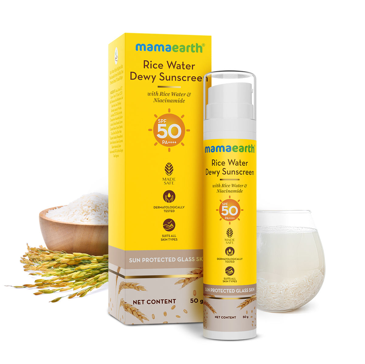 Buy Mamaearth Rice Water Dewy Sunscreen with Rice Water & Niacinamide| Gives SPF50 & PA++++ Protection | For Glass Skin Glow | Evens Skin Tone | UVA & UVB Protection | No White Cast | All Skin Types - 50g - Purplle