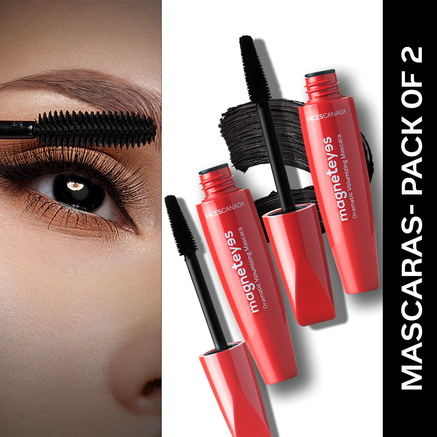 Buy FACES CANADA Magneteyes Dramatic Volumizing Mascara - Black, 9.5ml (Pack of 2) | Lightweight, Denser & Longer Lashes | Intense Black Finish | Long Lasting | With Almond Oil - Purplle