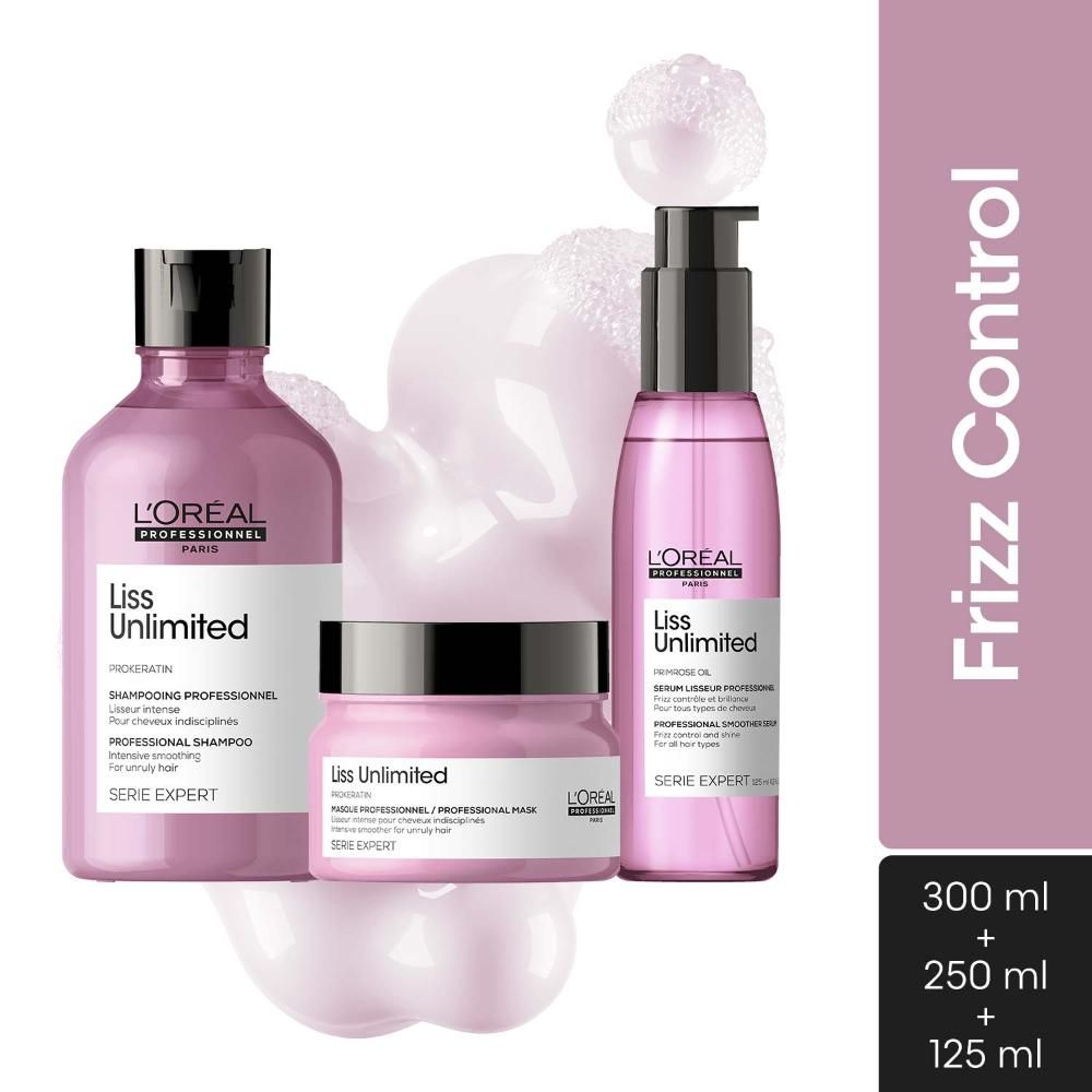 Buy L'Oreal Professionnel Serie Expert Liss Unlimited Shampoo + With Combo of Liss Unlimited Mask+ Liss Unlimited Blow Dry Serum (250ml +250gm+125ml) - Purplle