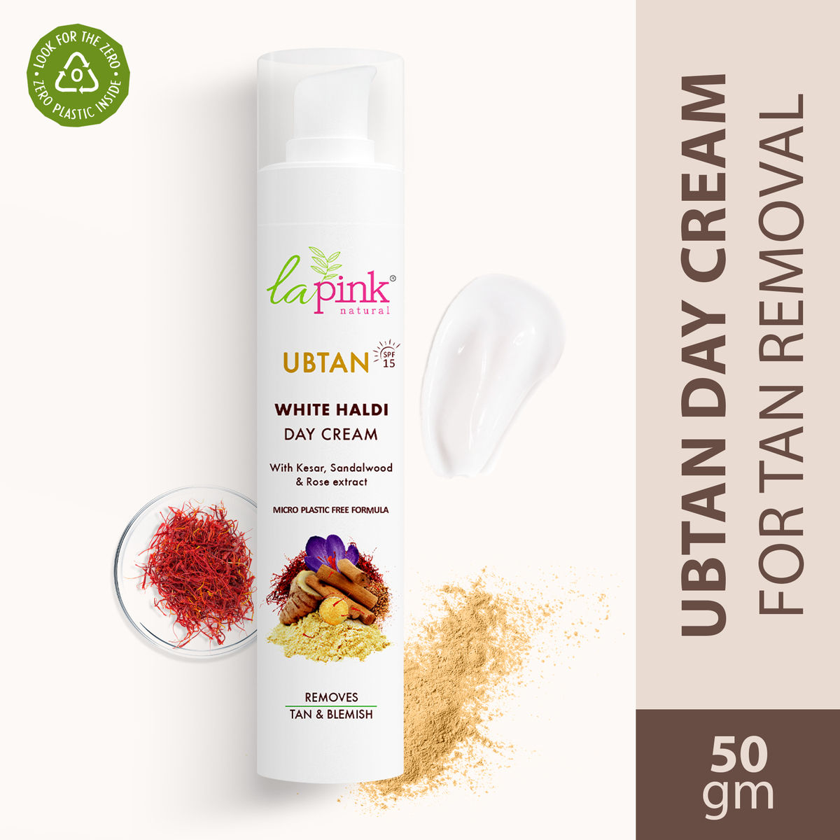 Buy La Pink Ubtan White Haldi Day Cream | 100% Microplastic Free Formula | Removes Tan, Blemishes, Pigmentation & Dark Spots | Kesar, Sandalwood and Rose | Glowing and Brightening Skin | All Skin Types | 50g - Purplle