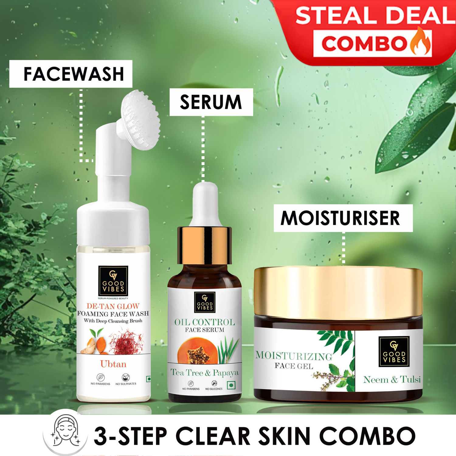 Buy Good Vibes 3-step clear skin combo (Foaming Facewash, Serum, Gel) - Purplle