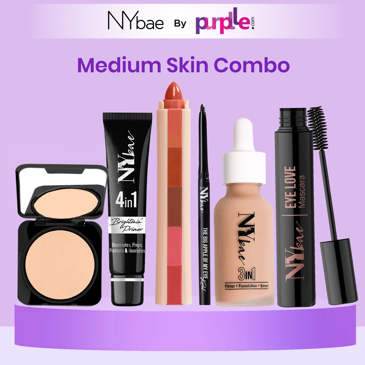 Buy NY Bae Makeup Essentials Kit - Medium Skin |Black Kajal | Volumising Mascara | 5 in 1 Lipstick | Brightening Primer | Compact | Serum Foundation - Warm Cashew - Purplle