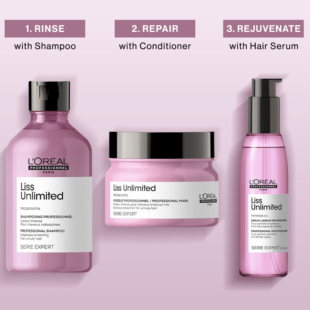 Buy L'Oreal Professionnel Serie Expert Liss Unlimited Shampoo + With Combo of Liss Unlimited Mask+ Liss Unlimited Blow Dry Serum (250ml +250gm+125ml) - Purplle