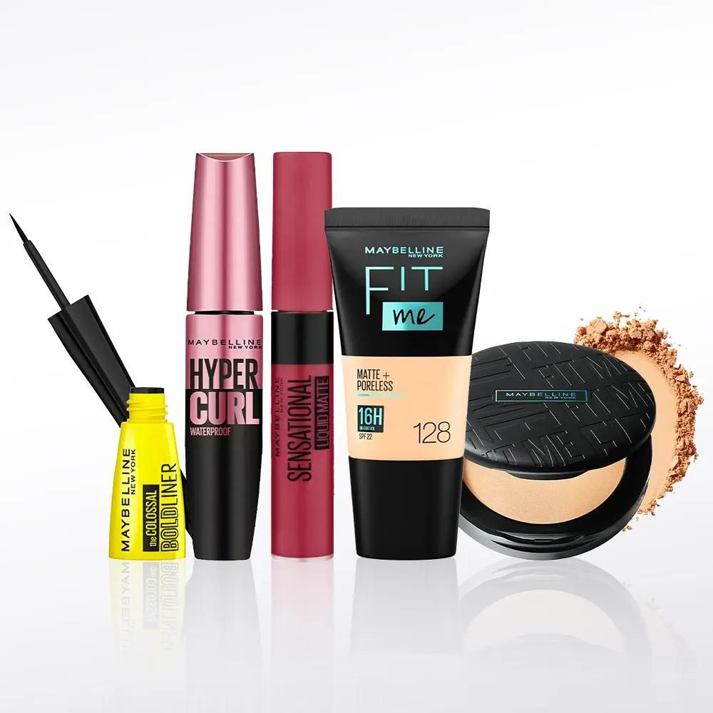 Buy Maybelline NewYork Party Diva Essentials 1 | Fit Me Compact 128(6g) | Fit Me Liquid Foundation Tube 128(18ml) | Hypercurl Mascara Waterproof Very Black (9.2 g)| Colossal Bold Eyeliner Black(3g) | Sensational Liquid Lipstick Touch Of Spice (7 ml) - Purplle