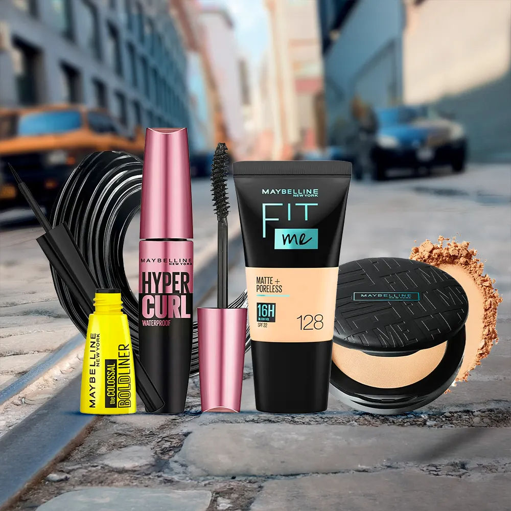 Buy Maybelline NewYork Radiant Beauty Must-Haves 1 | Fit Me Compact 128(6g) | Fit Me Liquid Foundation Tube 128 (18ml) | Hypercurl Mascara Waterproof Very Black (9.2 g) | Colossal Bold Eyeliner, Black(3g) - Purplle