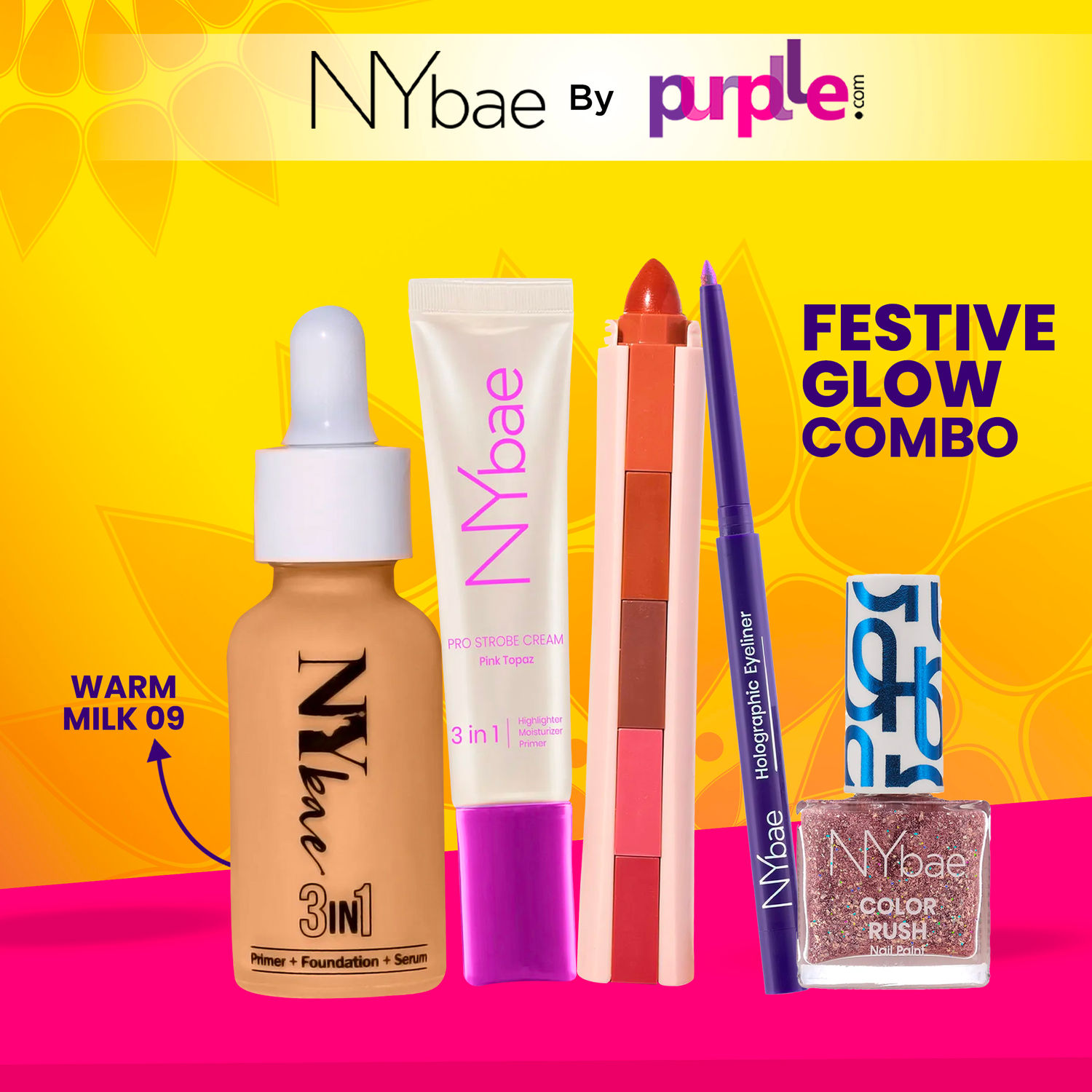 Buy NY Bae Festive Glow Combo - Fair Skin | Pink Topaz Strobe Cream | Serum Foundation - Warm Milk 09 | 5IN1 Nude Lipstick | Holographic Eyeliner | Nail Polish | Makeup Kit |Gift Hamper - Purplle