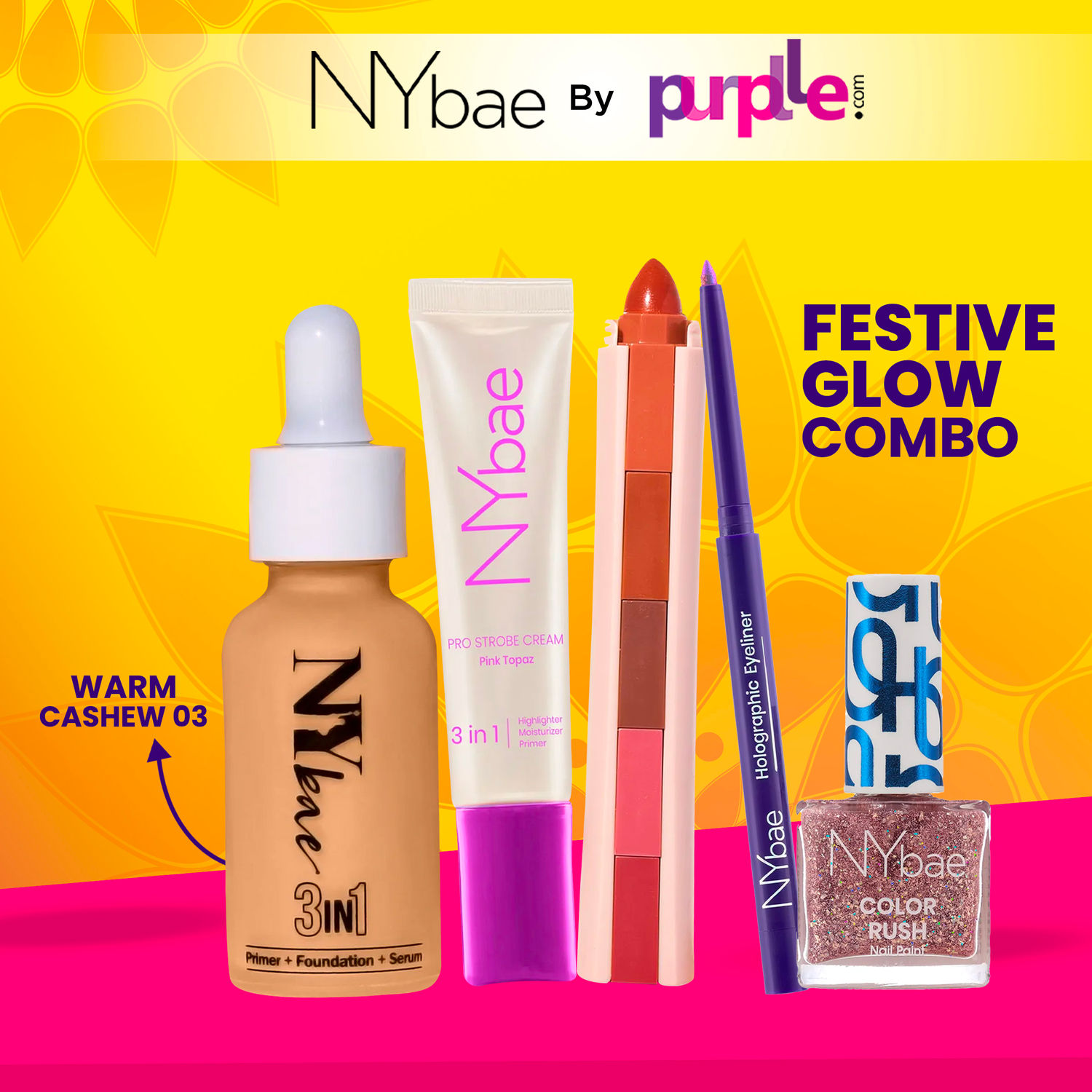 Buy NY Bae Festive Glow Combo - Medium Skin | Pink Topaz Strobe Cream | Serum Foundation - Warm Cashew 03 | 5IN1 Nude Lipstick | Holographic Eyeliner | Nail Polish | Makeup Kit | Gift Hamper - Purplle