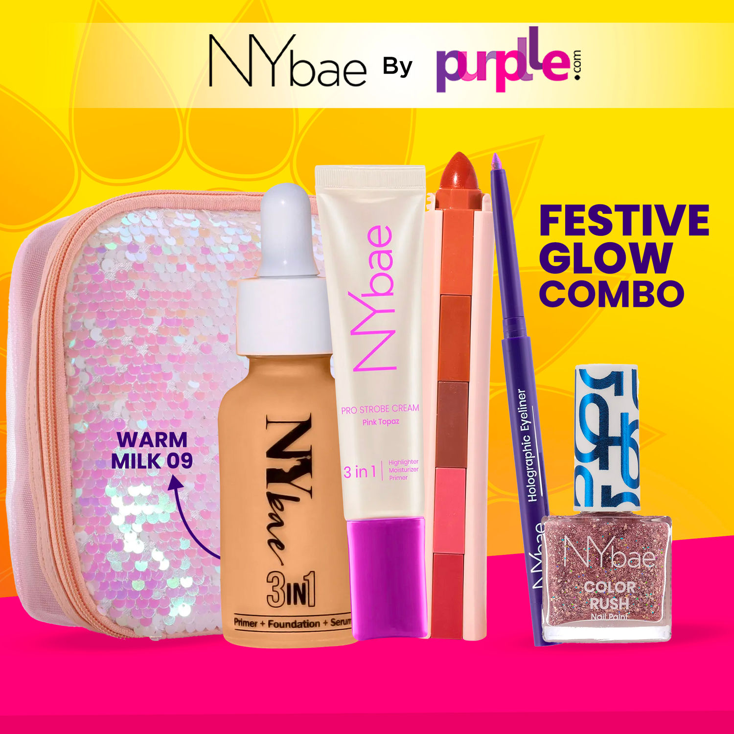 Buy NY Bae Festive Glow Combo - Fair Skin | Festive Hamper | Pink Topaz Strobe Cream | Serum Foundation - Warm Milk 09 | 5IN1 Nude Lipstick | Holographic Eyeliner | Nail Polish | Makeup Kit |Sequin Pouch | Festive Gift - Purplle