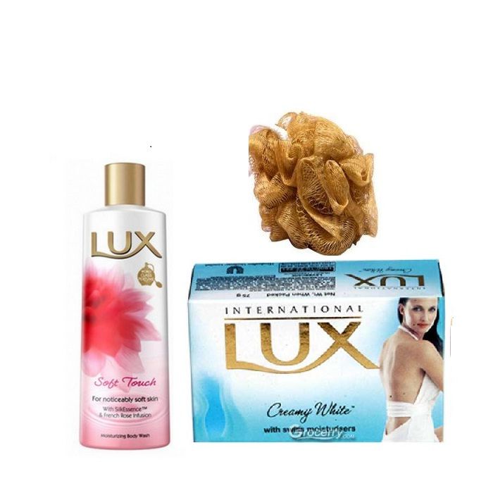 Buy Lux Soft Touch Moisturizing Body Wash (240 ml) + Free Lux Soap (75 gm) & Loofah - Purplle