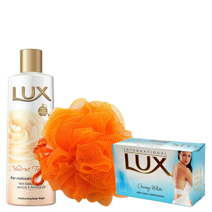 Buy Lux Velvet Touch Moisturizing Body Wash (240 ml) + Free Lux Soap (75 gm) & Loofah - Purplle