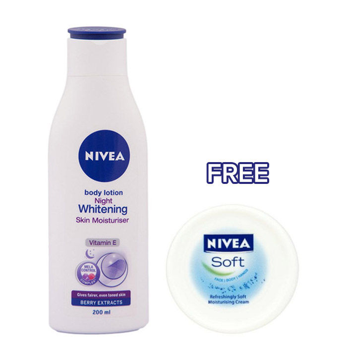 Buy Nivea Night Whitening Skin Moisturiser Body Lotion (200 ml)+Nivea Soft 25ml Free - Purplle