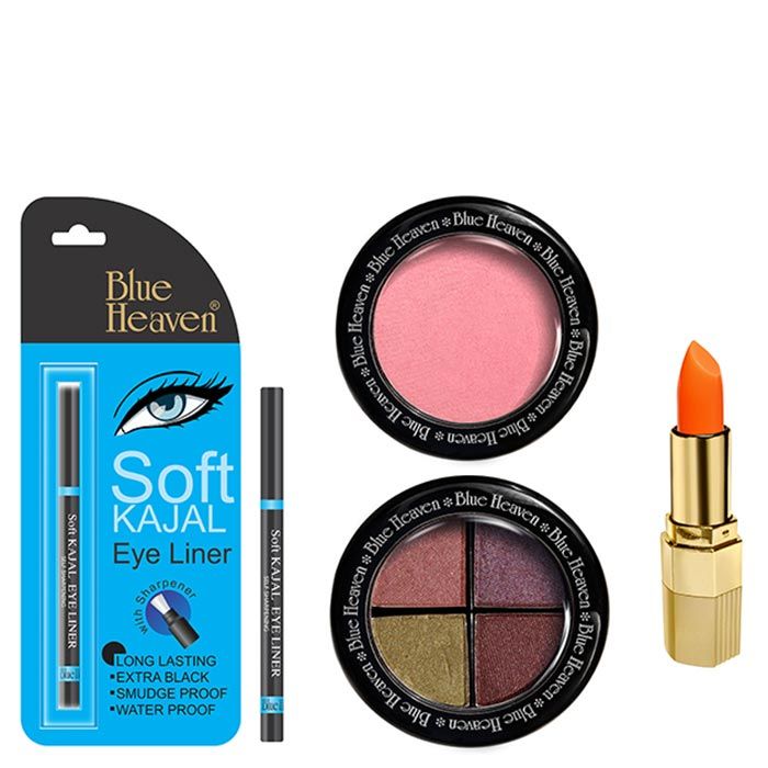 Buy Blue Heaven Xpression Lipstick On 100, Bh Kajal Liner, Eye Magic Eye Shadow 605 & Diamond Blush On 504 Combo (4 g + 0.31 g + 6 g + 7 g) - Purplle