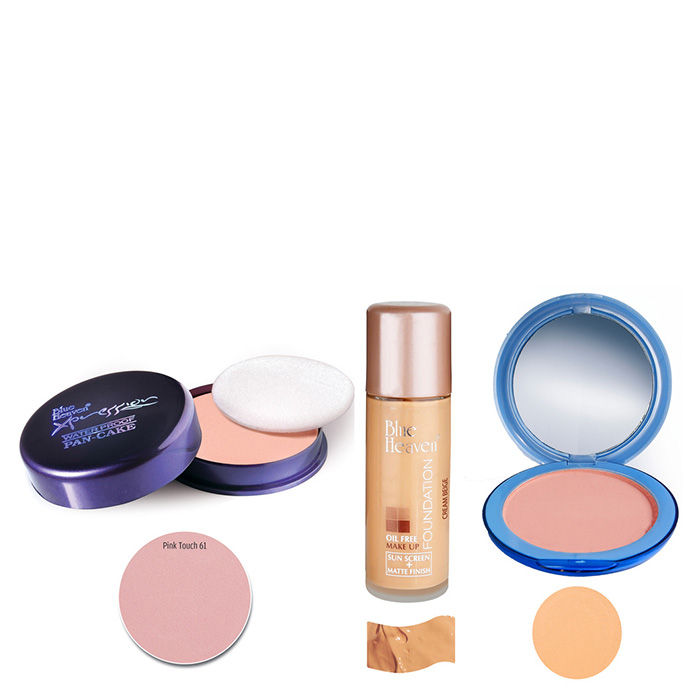 Buy Blue Heaven Xpression Pan Cake (61), Oil Free Foundation (Cream Beige) & Silk On Face Compact (Natural) Combo (16 g + 30 ml + 16 g) - Purplle