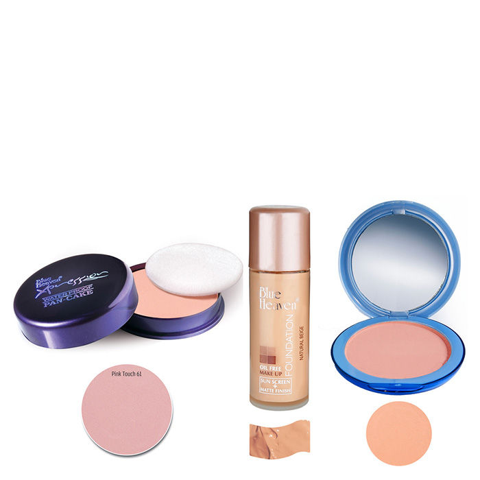 Buy Blue Heaven Xpression Pan Cake (61), Oil Free Foundation (Natural Beige) & Silk On Face Compact (Blush) Combo (16 g + 30 ml + 16 g) - Purplle