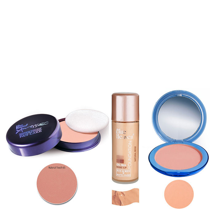 Buy Blue Heaven Xpression Pan Cake (65), Oil Free Foundation (Natural Beige) & Silk On Face Compact (Blush) Combo (16 g + 30 ml + 16 g) - Purplle