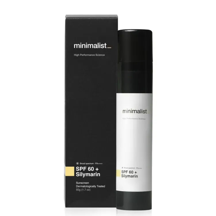 Minimalist SPF 60 Sunscreen With Silymarin + Hyaluironic acid+ Vitamin e, Broad Spectrum, PA++++ (50 g)