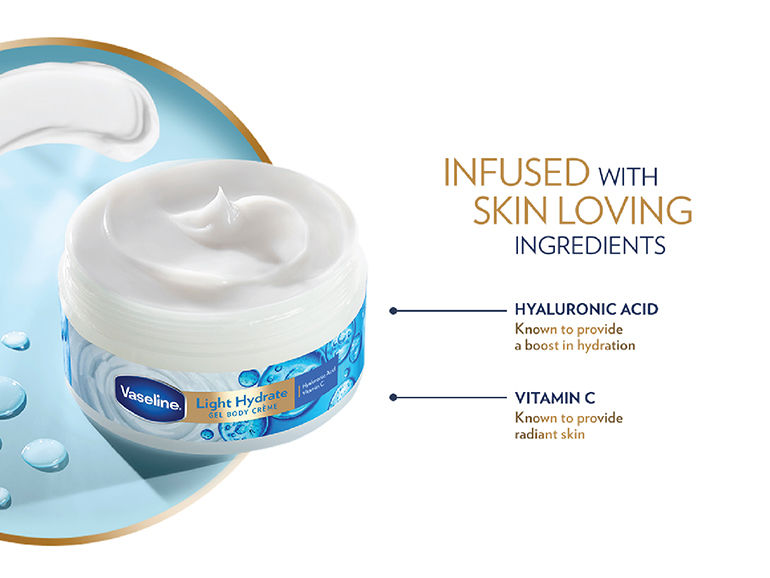 Vaseline Light Hydrate Gel Body Creme, 180 g. Hyaluronic Acid & Vitamin C for Hydrated, Radiant