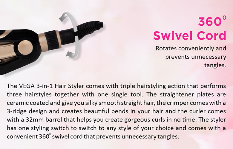VEGA 3 in 1 Hair Styler - Straightener, Curler and Crimper (VHSCC-01), Black VEGA 3 in 1 Hair Styler - Straightener, Curler and Crimper (VHSCC-01), Black