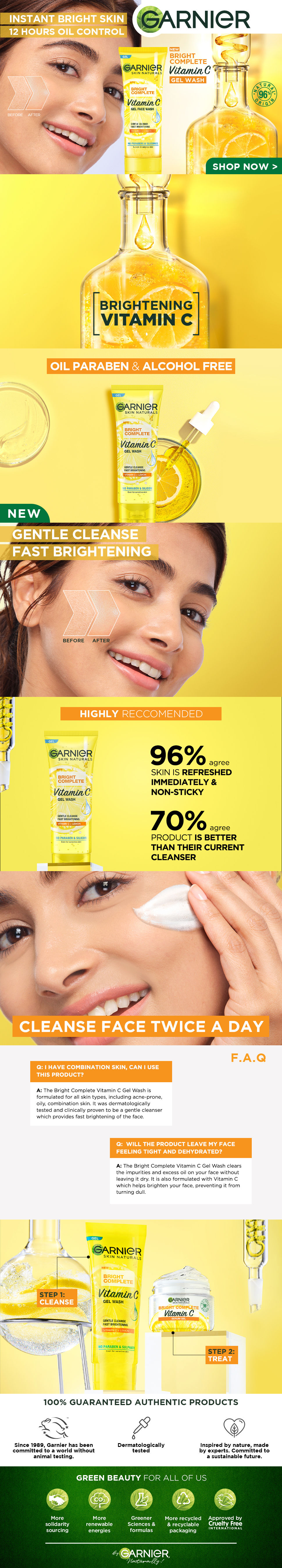 Garnier Bright Complete Vitamin C Gel Facewash, 100g Gentle Cleanser