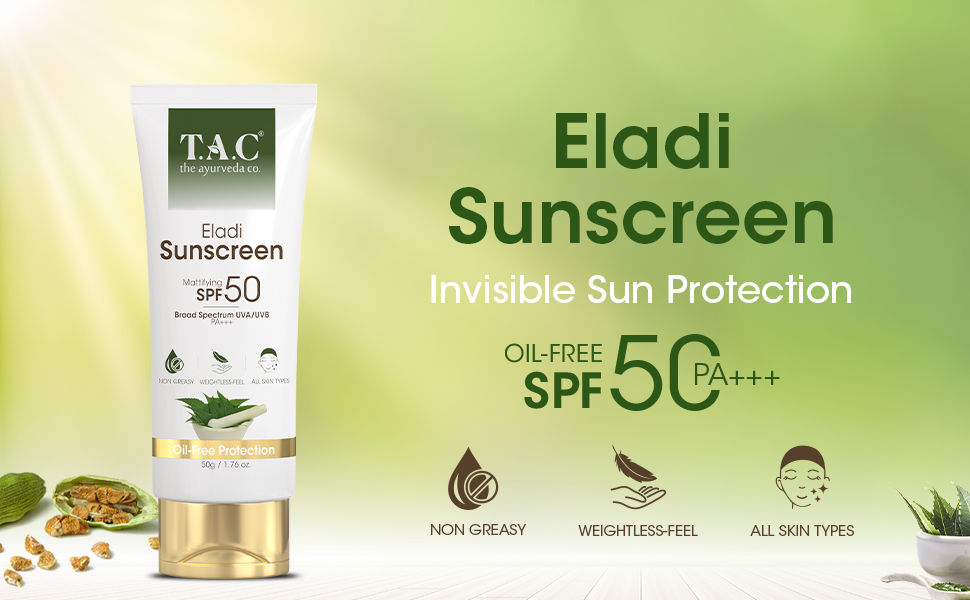 TAC The Ayurveda Co.Eladi,Triphala & Hemp Seed SPF 50 SUNSCREEN UVA + UVB PA++++ Protect