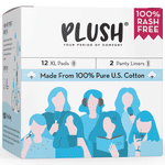 Plush 100% Pure US Cotton Ultra-Thin Rash Free Natural Sanitary Pads - 12 Pads || 12 XL Pads, 2 Panty Liners
