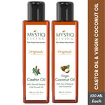 Mystiq Living Extra Virgin Coconut Oil & Castor Oil Combo 200ML (Pack of 2) - 100 ML Each for Hair & Skin | Castor Oil for Hair Growth | Cold Pressed| Organic | 100% Pure Castor Oil for Skin, Moisturizing Dry skin, Nail, Eyelash