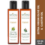 Mystiq Living Extra Virgin Olive Oil and Castor Oil Combo - 100 ML each (200 ML) for Skin, Hair & Body, Castor Oil for Hair Growth, Olive Oil for Face | Baby Massage & Body Massage Cold Pressed, Organic, 100% Pure and Natural