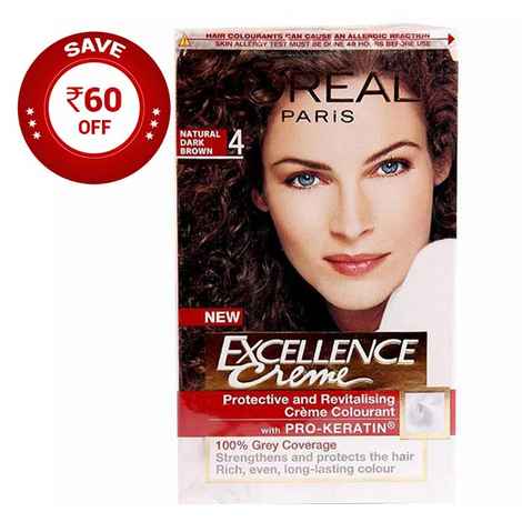 Buy L'Oreal Paris Excellence Creme Natural Dark Brown 4 (72 ml + 100 g) Rs.60 OFF - Purplle