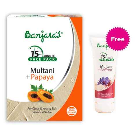 Buy Banjara's 15 Minute Face Pack Powder Multani + Papaya (100 g) + FREE Banjara's 15 Minutes Face Pack Multani + Saffron - Tube (12 g) - Purplle