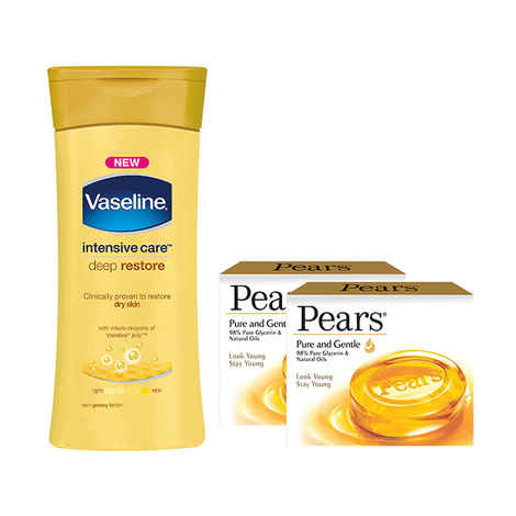 Buy Vaseline Intensive Care Deep Restore Body Lotion (300 ml) & Get 2 Pears Pure & Gentle Soap Bars (75 g) Free - Purplle