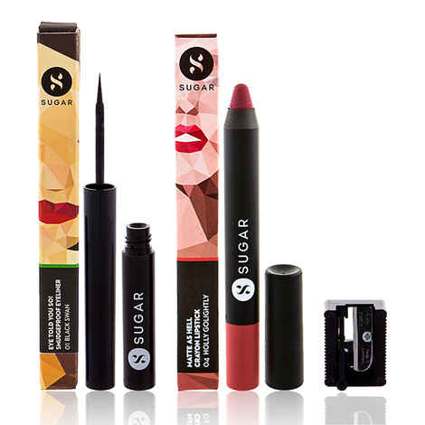 Buy SUGAR Cosmetics Eye Told You So! Smudgeproof Eyeliner + Matte As Hell Crayon Lipstick - 04 Holly Golightly (Nude) Value Set - Purplle