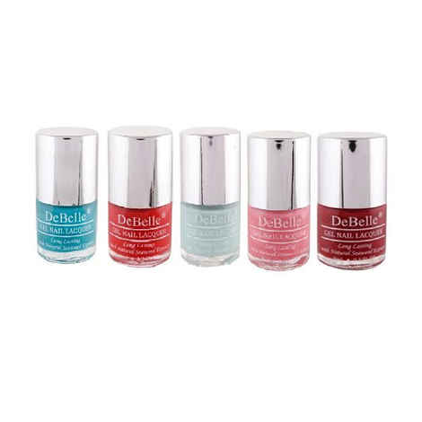 DeBelle Gel Nail Polish Combo Set of 5 - French Affair (Red), Royale Cocktail (Turquoise Blue), Moulin Rouge (Maroon), Mint Amour (Mint Blue), Miss Bliss (Shimmer Pink) - 8ml Each
