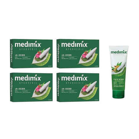Buy Medimix Classic Ayurvedic 18 Herbs Soap (125 g) (Pack of 4) + Face Wash (50 ml) - Purplle