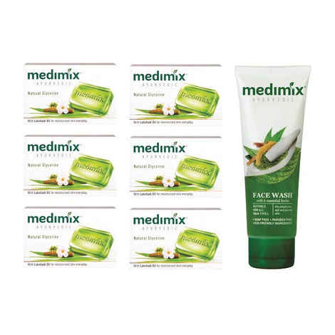 Buy Medimix Glycerine Moisturising Soap (125 g) (Pack Of 6) + Face Wash (50 ml) - Purplle