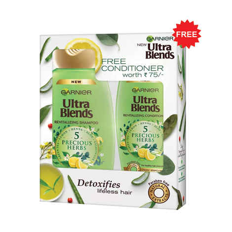 Buy Garnier Ultra Blends 5 Precious Herbs Shampoo (340 ml) + Conditioner (175 ml) FREE - Purplle