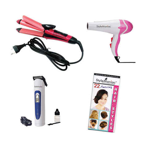 Buy Style Maniac Combo Of 2 In 1 Hair Straightener Cum Curler , Hot And Cold Dual Function Hair Dryer And Men'S Trimmer And Get A Hairstyle Book Free - Purplle